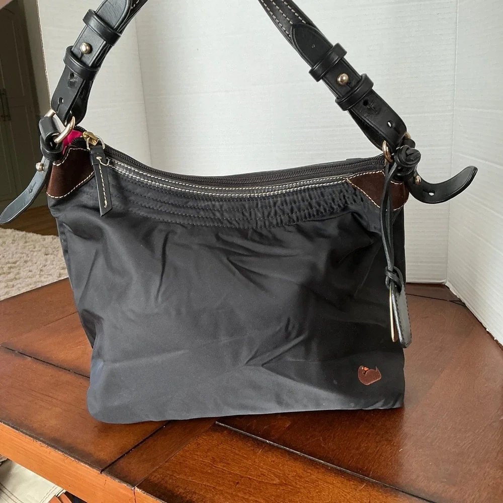 Dooney & Bourke Black Nylon Leather Trim Hobo Shoulder Bag Pink Lining Duck Logo